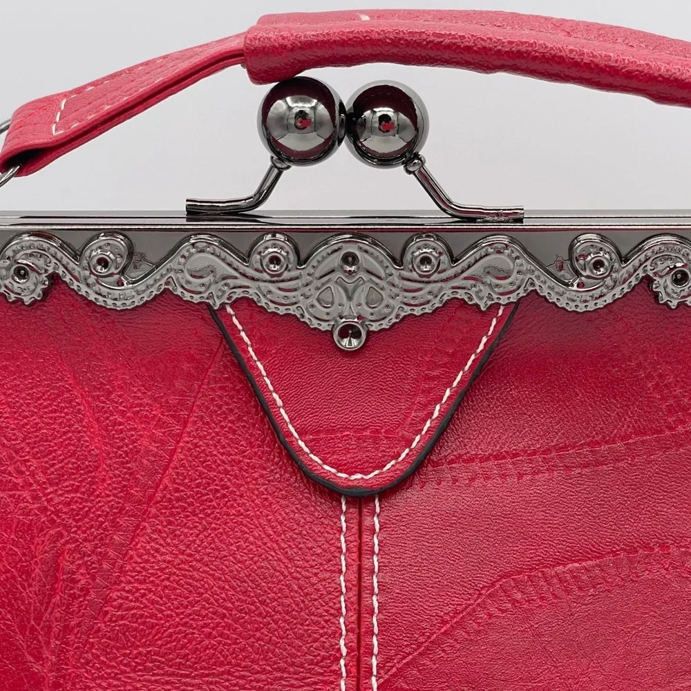 Vintage Kiss Lock Frame Handbag Red Faux Leather Doctor Style Satchel Bag